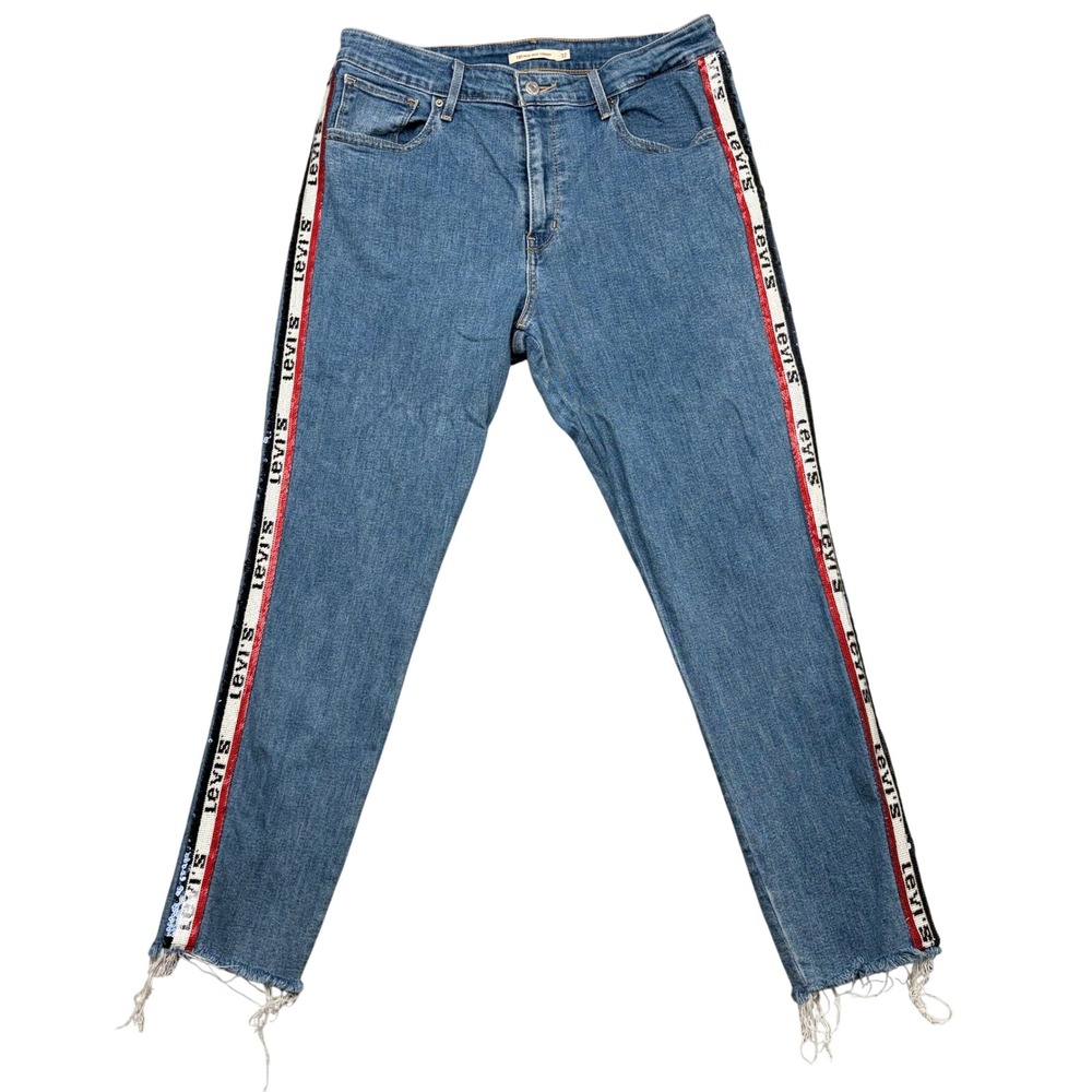 Levi's 721 High Rise‎ Skinny Women 32 Blue Sequin Logo Side Stripe Raw Hem Jeans